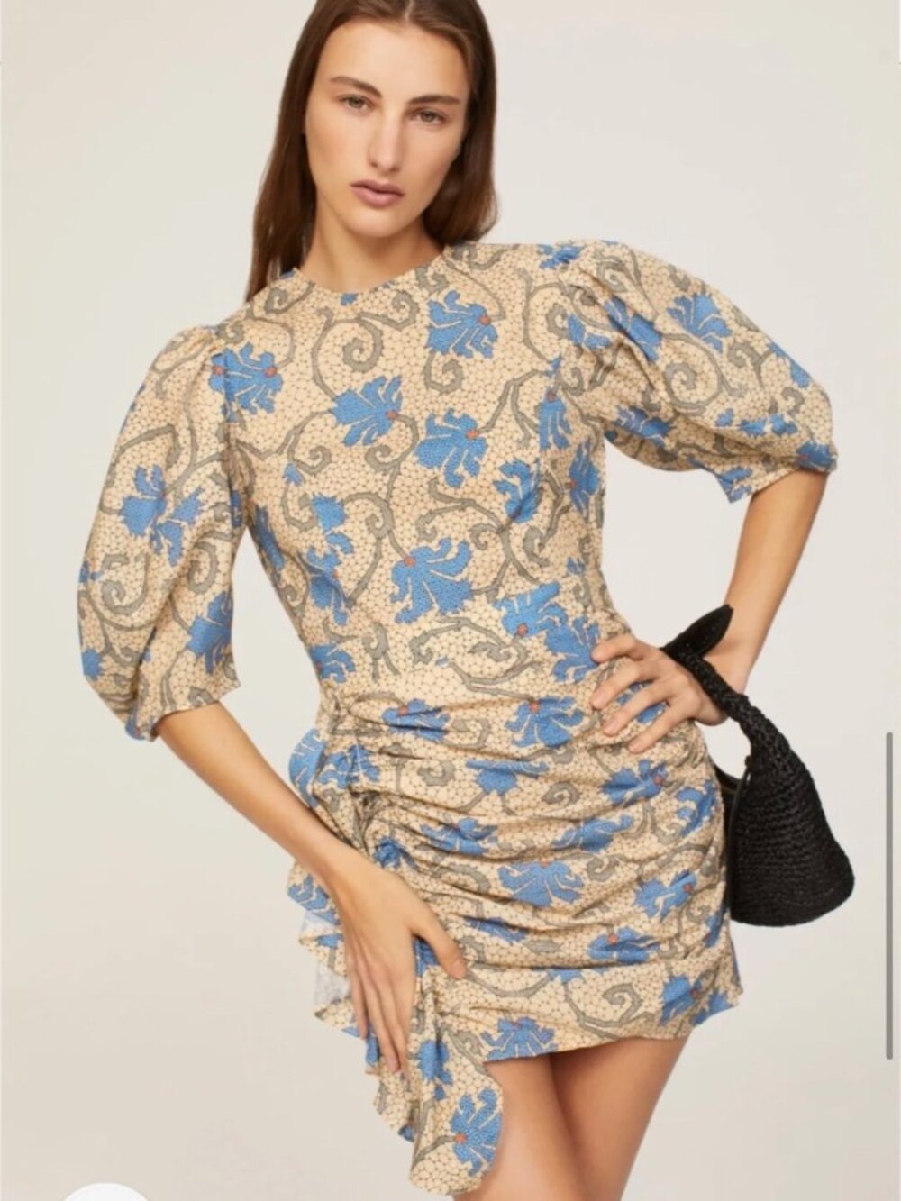 RHODE Pia Draped Mini Dress Mosaic Blossom Ruched w/ Side Ruffle, Puff Sleeves - Picture 2 of 11